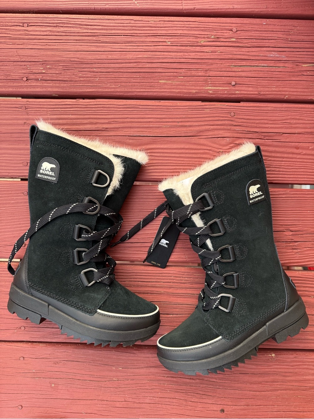 Sorel Black Winter Rain Boots with Faux Fur Trim